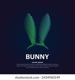 simple logo Bunny Ears Illustration in a linear style. Abstract line art green rabbit ears Logotype concept icon. Vector logo Easter Bunny color silhouette on a dark background. EPS 10