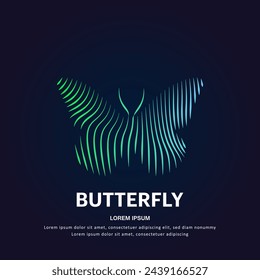 simple logo butterfly Illustration in a linear style. Abstract line art green butterfly Ecology Logotype concept icon. Vector logo butterfly color silhouette on a dark background. EPS 10