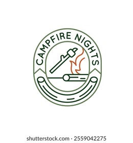 Simple Logo with Campfire icon. Simple badge for representation of a camp, ideal for showcasing themes of travel mobile living. Perfect for use in apps, websites, print materials. Vector illustration.