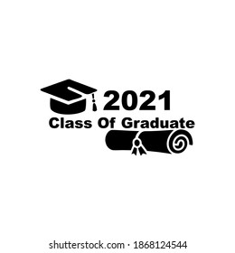 Simple logo class 2021 graduates. Happy Graduation. Templates for designs, parties, high school or college graduates, yearbooks. Isolated on white background. Vector illustration.