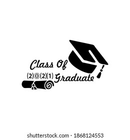 Simple logo class 2021 graduates. Happy Graduation. Templates for designs, parties, high school or college graduates, yearbooks. Isolated on white background. Vector illustration.