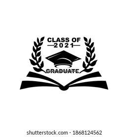 Simple logo class 2021 graduates. Happy Graduation. Templates for designs, parties, high school or college graduates, yearbooks. Isolated on white background. Vector illustration.