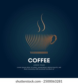 simple logo coffee cup Illustration in a linear style. Abstract line art coffee cup with smoke Logotype concept icon. creative Vector logo Cup of coffee color silhouette on a dark background. EPS 10