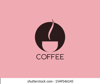 Simple Logo of Coffee Shop. Hot and Sweet Drinks Symbol and Emblems. Designed in Negative Space on Dark Brown Circle. Vector Illustration