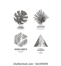 Coleção de logotipos simples. Conjunto de logotipos gravado. Símbolos de salão de beleza tropical. Ilustração vetorial