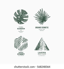 Simple Logo Collection. Engraved Logotype Set. Tropical Beauty Salon Symbols. Vector Illustration