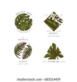 Simple logo collection. Engraved logotype set. Tropical beauty salon and organic cosmetic symbols. Vector illustration