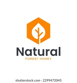 Simple logo combination of leaf and bee house hexagon. Suitable for use for forest honey logos.