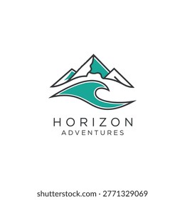 Simple logo combining stylized mountains and a wave to represent Horizon Adventures. An outdoor travel and adventure brand focused on hiking, surfing, nature tourism, and active lifestyle.