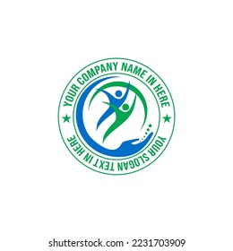 Simple logo for companies with 2 human icon images and circular hands with a combination of green and blue  