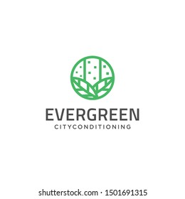 The simple logo concept of a city symbol combines with the leaf and circle symbols