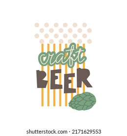 Simple logo for craft beer. Flat vector illustration of abstract decorative beer mug, hops and lettering. Design for a small brewery or beer festival. Retro style.