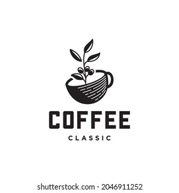 simple logo a cup of coffee with bean and leaf branch natural line stamp logo vector icon design in vintage hipster modern beautiful style, premium coffee shop bar icon