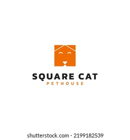 Simple logo design box shape, abstract house and a cat. Pet house logo. Vector format.