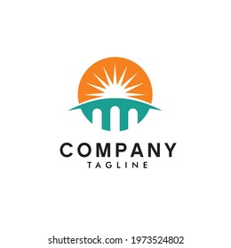 simple logo design of a bridge with a silhouette of a rising sun
