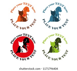 Simple logo design with cat and dog. Animals have a heart.