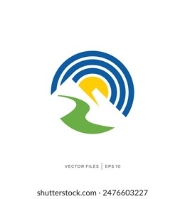 diseño de logotipo simple círculo sun mountain river valley
