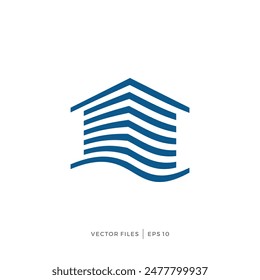 simple logo design combining water waves, house and roof