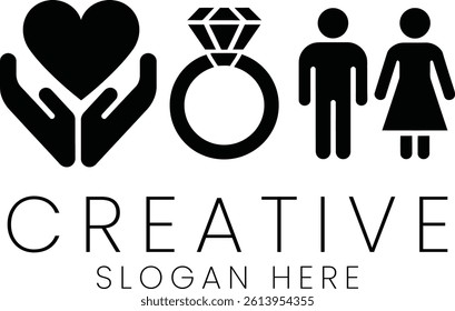 Simple logo design featuring a heart, ring, and couple. Perfect for wedding, love, or relationship