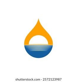 A simple logo design featuring a water drop with a sunset and ocean waves inside, symbolizing nature, purity, and tranquility.