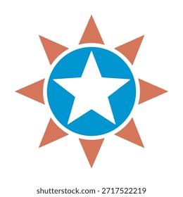 Ein einfaches Logo-Design mit einem weißen Stern innerhalb eines blauen Kreises mit einem orangefarbenen Sonnenburstrand