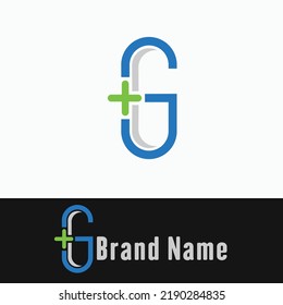 un diseño de logotipo sencillo formado a partir de la letra g que parece una píldora y hay un símbolo de salud que es un plus. diseño minimalista y moderno.