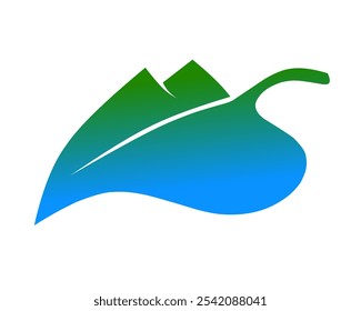 Um logotipo simples para uma forma de folha com duas montanhas sobre ele, verde com gradações azuis simbolizando a água mineral da montanha, 
Para sua ilustração