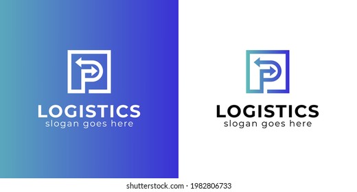 diseño de logotipo sencillo de la carta P con el logotipo de flecha para su negocio. logotipo de entrega rápida. plantilla de logotipo logístico de transporte	