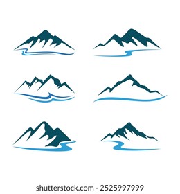 Design de logotipo simples picos e vales de montanha, rios, ilustrações de logotipo de montanha