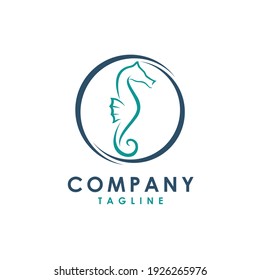 simple logo design of a sea horse with a circle graphic resembling a wave