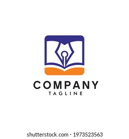 Simple logo design silhouette of a pen writing on a book