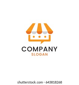 Simple logo design that combines a shop with a communication speech bubble to create an unique pictorial mark.