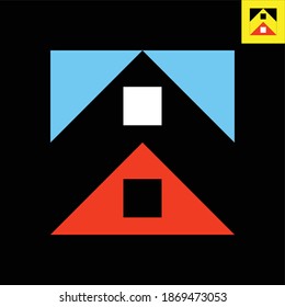 Simple logo design of two houses or buildings with windows in Bauhaus art style for housing company.