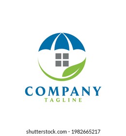 einfaches Logo-Design eines Regenschirms und Fensters und eines kreisförmigen Blattes.