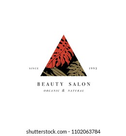 Simple logo. Engraved logotype. Tropical beauty salon and organic cosmetic symbol. Vector illustration
