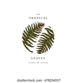 Simple logo. Engraved logotype. Tropical beauty salon and organic cosmetic symbol. Vector illustration