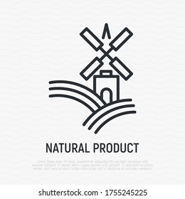Simple logo for farm on the green hills with meadow field or brewery with windmill in thin line style. Vector illustration. 