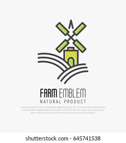 Simple logo for farm on the green hills with meadow field or brewery with wind mill in thin line style. Vector illustration. 