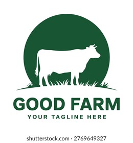 A simple logo featuring a white cow silhouette against a dark green circle