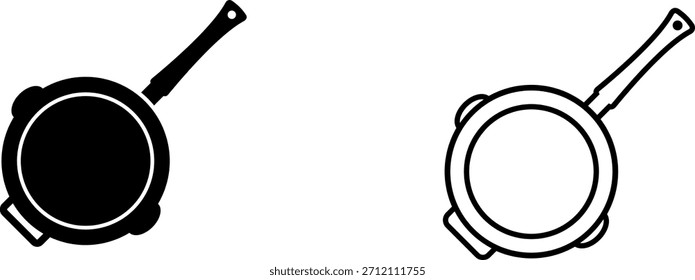 Simple logo of a frying pan with a handle in two color styles, black and white, showing a common kitchen tool used for cooking