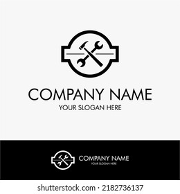 Simple logo with hammer and wrench concept for your company. suitable for a workshop business that satisfies the customer's repair needs or maintenance. can fix and make anything in a creative way