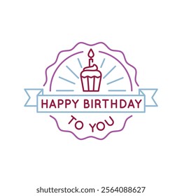 Simple Logo with Happy Birthday icon. Simple Logo with a cake, stars, and a ribbon with Happy Birthday text. Perfect for greeting cards, or birthday-themed branding. Vector illustration.