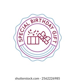 Simple Logo with Happy Birthday special gift icon. Simple Logo with a gift, candle, and a ribbon with Happy Birthday text. Perfect for greeting cards, or birthday-themed branding. Vector illustration.
