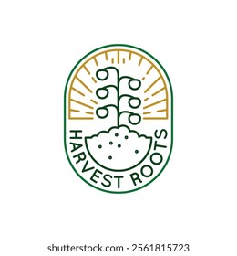Simple Logo with harvest roots icon. Simple Logo with a farmhouse with a soil and a plant. Perfect for use in websites, mobile apps, and environmental design. Vector illustration.