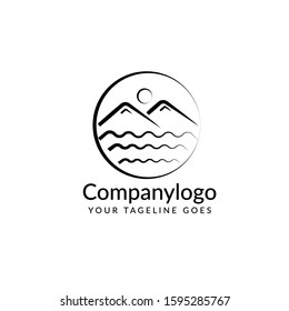 simple logo for nature lovers, with two mountains three waves and the sun
