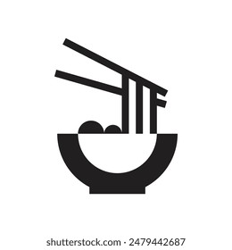 simple logo of noodles and meatballs in a bowl eaten with chopsticks