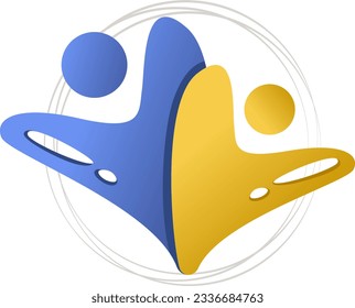 simple logo with people in shape of hearts, blue and yellow. Vector illustration