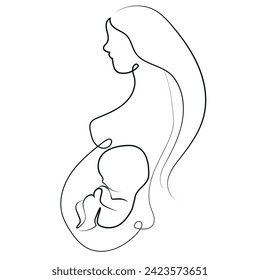 simple logo of a pregnant woman with short hair with a fetus inside her belly without an article for drawn with different contours for clinics, typography and banners
