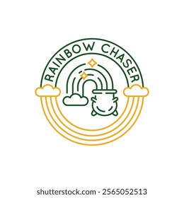 Simple Logo with Rainbow chaser with gold pot icon. Simple Logo with magic cauldron icon for social media, app, and web design. Vector illustration.