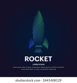 simple logo Rocket Illustration in a linear style. Abstract line art green Rocket Logotype concept icon. Vector logo Rocket color silhouette on a dark background. EPS 10